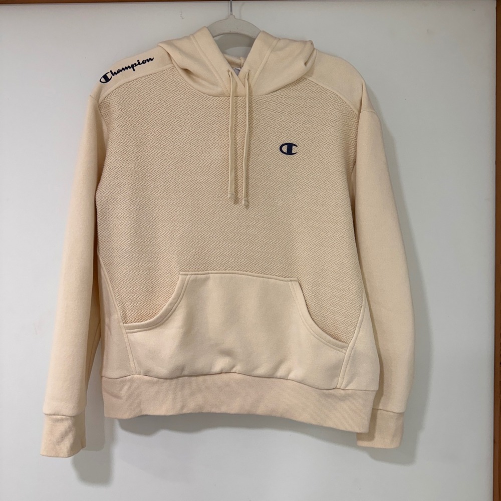 Champion Textured Chevron Pullover Hoodie Womens Medium Cream‎ Logo Athleisure